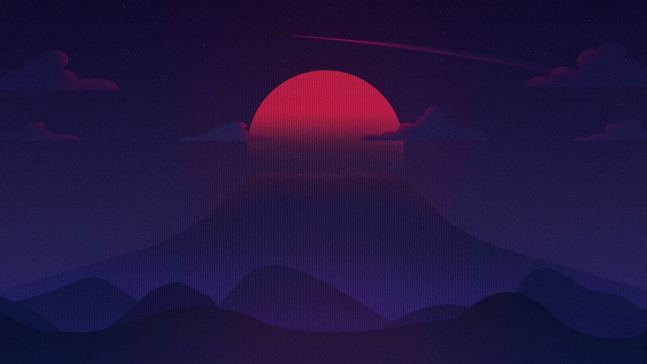 Stylized landscape red sun mountains night sky