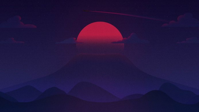 Purple mountains silhouette with setting sun, clouds and airplane trail in the starry sky