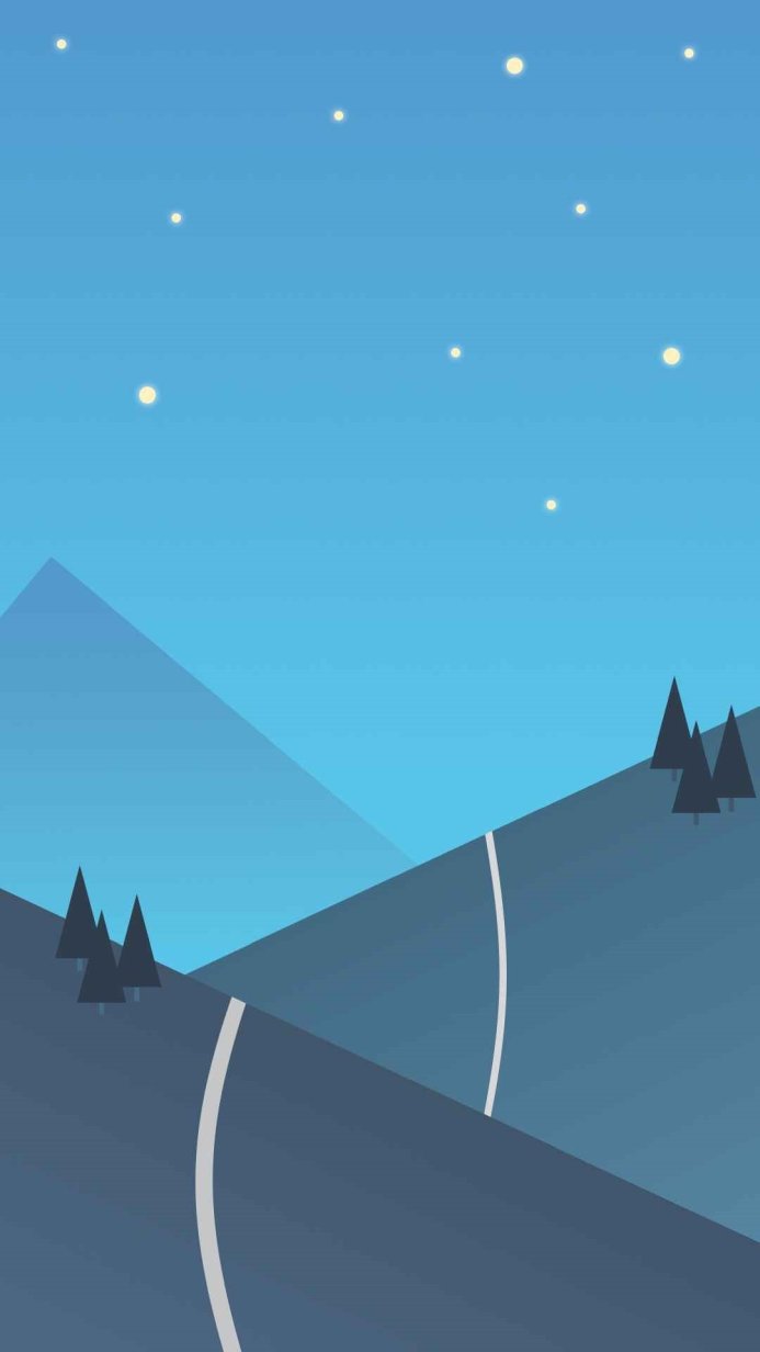Night landscape with mountains, trees, and stars in shades of blue