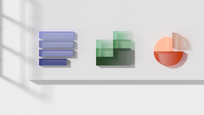 Abstract image showing a bar graph, venn diagram, and pie chart in pastel colors