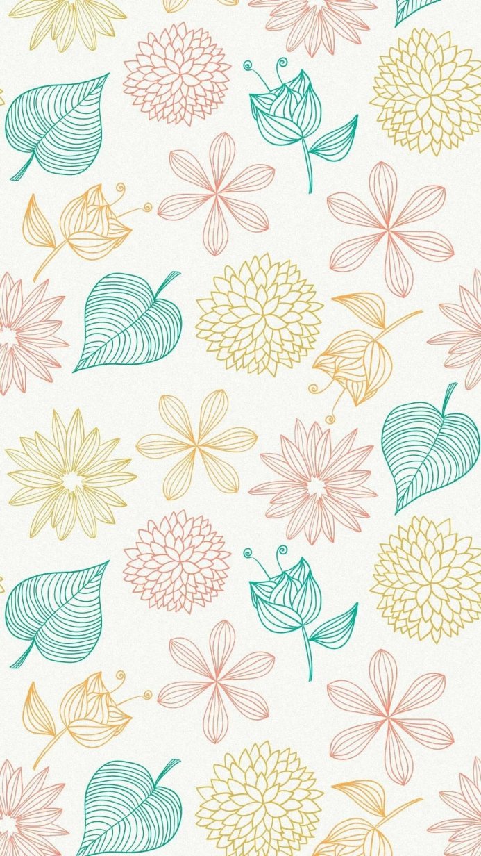 Floral pattern with pink, yellow, and green outlined flowers and leaves on a white background