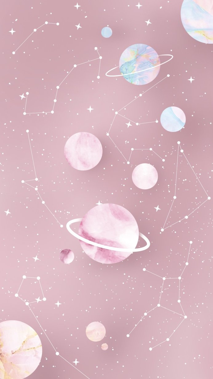 Pastel pink background with planets, stars and constellations
