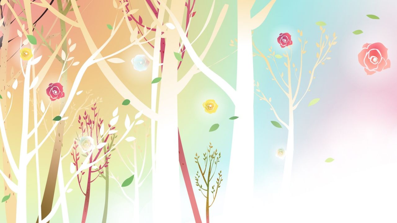 Stylized trees with roses wallpaper