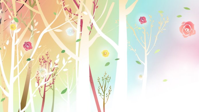 Pastel-colored trees with glowing roses and falling leaves, a soft and dreamy landscape