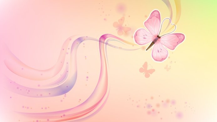 Pink butterfly on a light background with violet wavy lines and dots