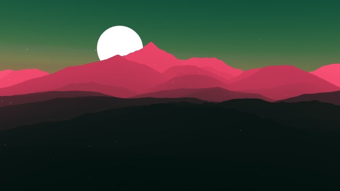 Vector landscape with pink mountains, green sky, and a white moon