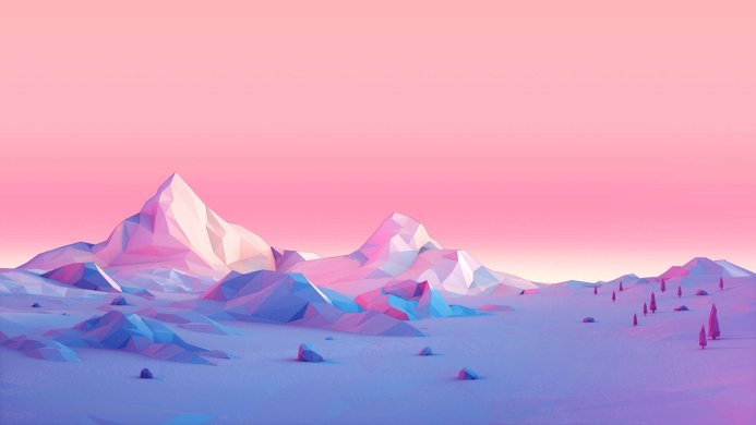 Polygonal mountains in pastel colors with a pink sky