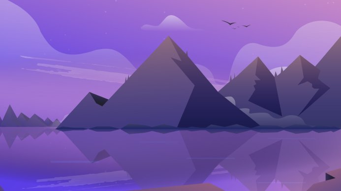 Purple mountain range reflecting in water with birds flying above
