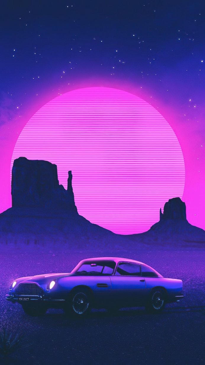 Retro car against a synthwave sunset with mountains in a purple and pink color scheme
