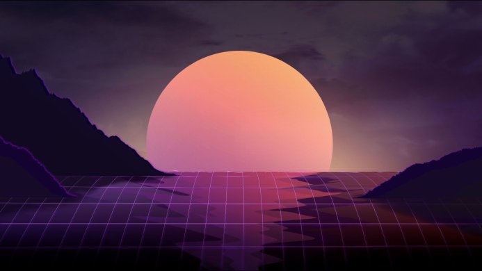 Retro sunset landscape with mountains and grid in pink, purple and orange tones