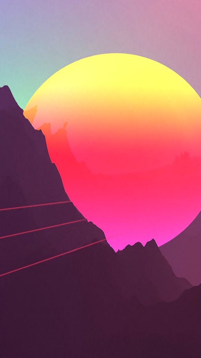 Retro style sunset with mountains and pink sky