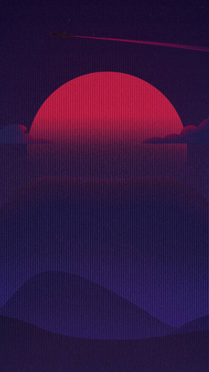 A stylized red sunset with purple mountains and a starship trail in the sky
