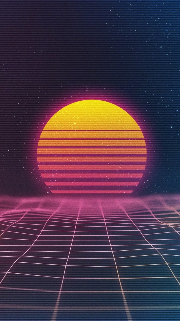Retro 80s synthwave sun and grid landscape with vibrant colors