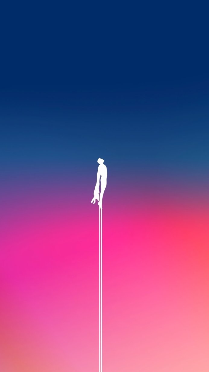 Silhouette of a person standing on two lines against a gradient background of blue and pink