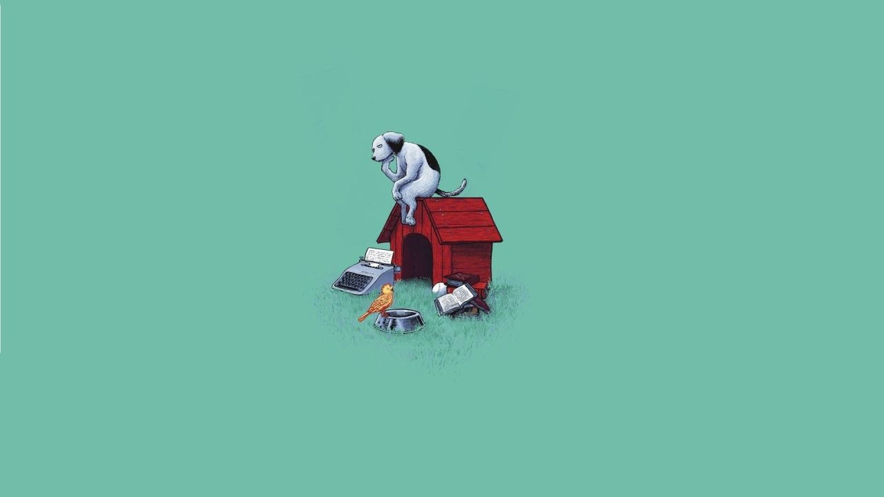 Cartoon dog on doghouse thinking with typewriter