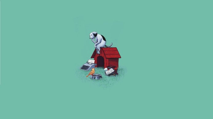 Snoopy sitting on his doghouse with a typewriter and bird, looking thoughtful