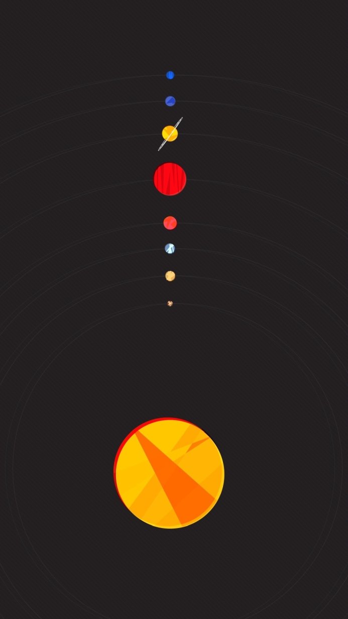 Illustration of the planets in the solar system aligned in a row, with a large sun at the bottom