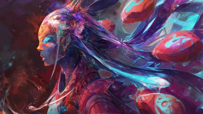 A Space Elf with glowing eyes surrounded by cosmic colors of purple, blue, red, and orange