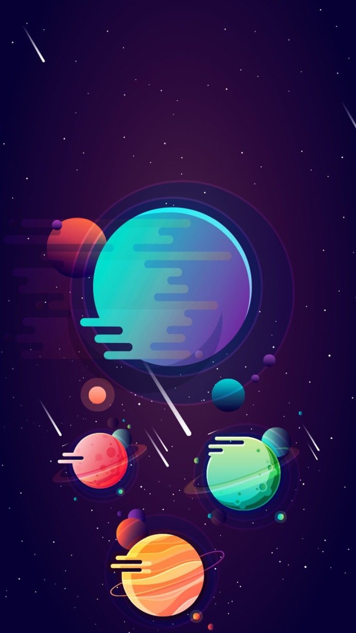 Illustration of several stylized planets against a star-filled, gradient purple background