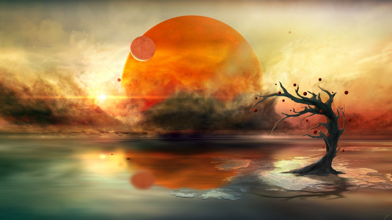 Surreal landscape with planets and a tree