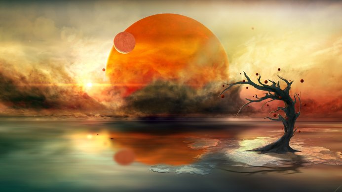 Surreal landscape with planets, water, and a lonely tree