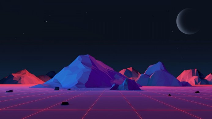 Synthwave landscape with mountains, moon, and a red grid on the ground
