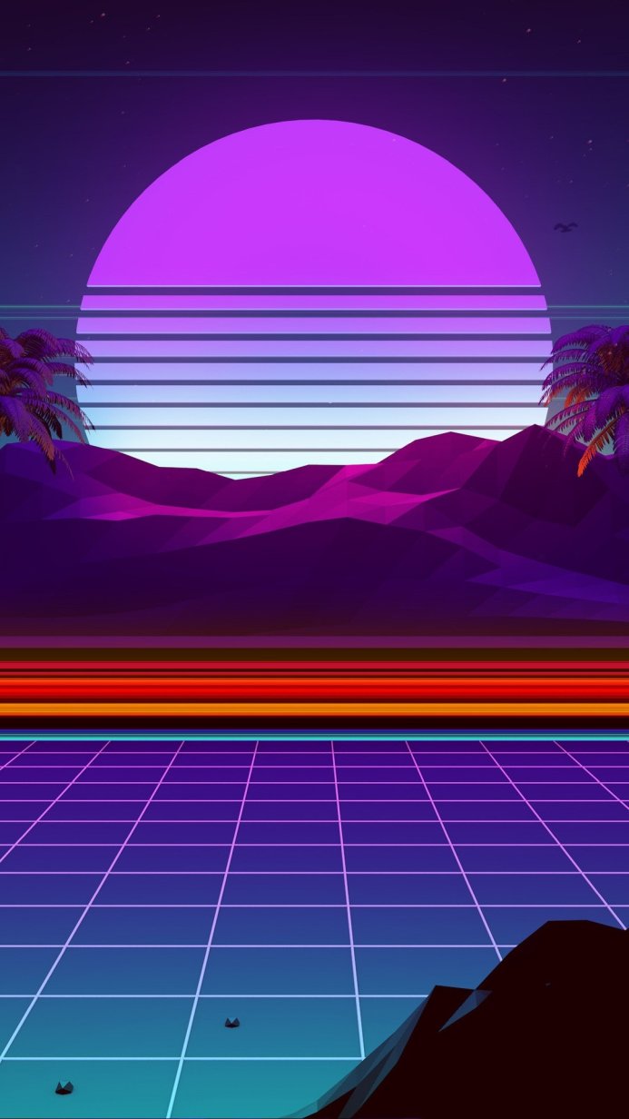 Synthwave sunset with mountains, palm trees, and a blue grid
