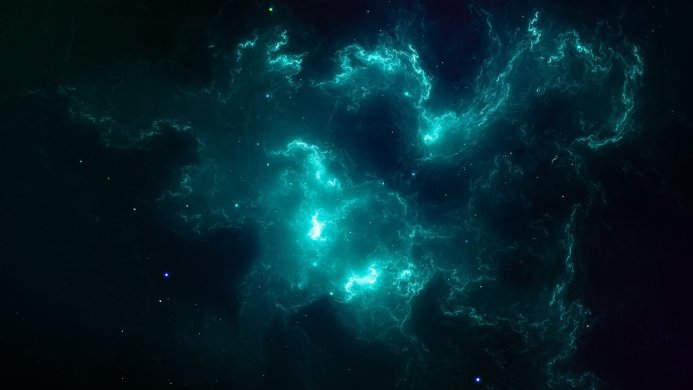 Teal and dark blue nebula with a bright center glow and scattered stars