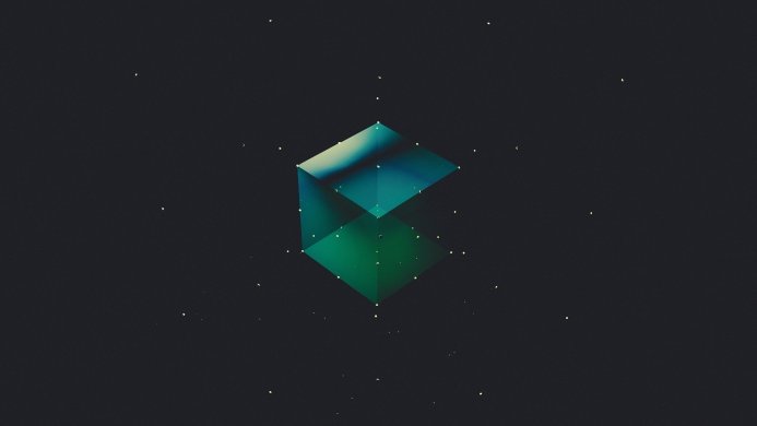 A teal and green geometric cube floating in a dark space with small white dots