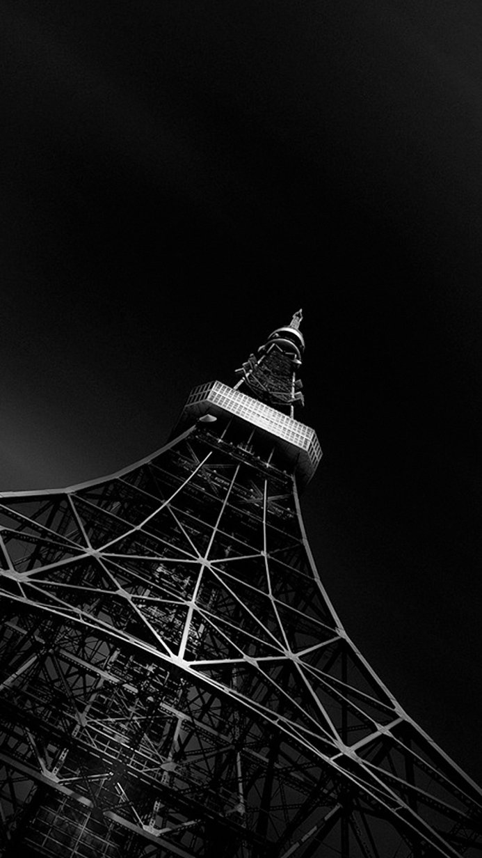 Low angle, black and white view of the Tokyo Tower, Japan