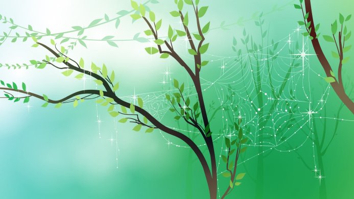 Illustration of trees and a spiderweb with dew drops on a green background