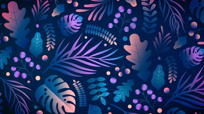Tropical leaves and berries pattern on a dark blue background