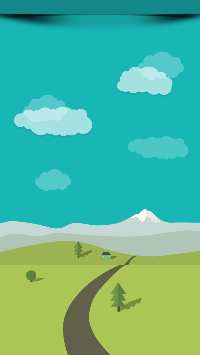 Vector landscape with a road, clouds, mountain and house