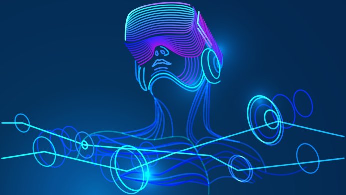 A woman wearing a VR headset depicted in blue and purple neon line art