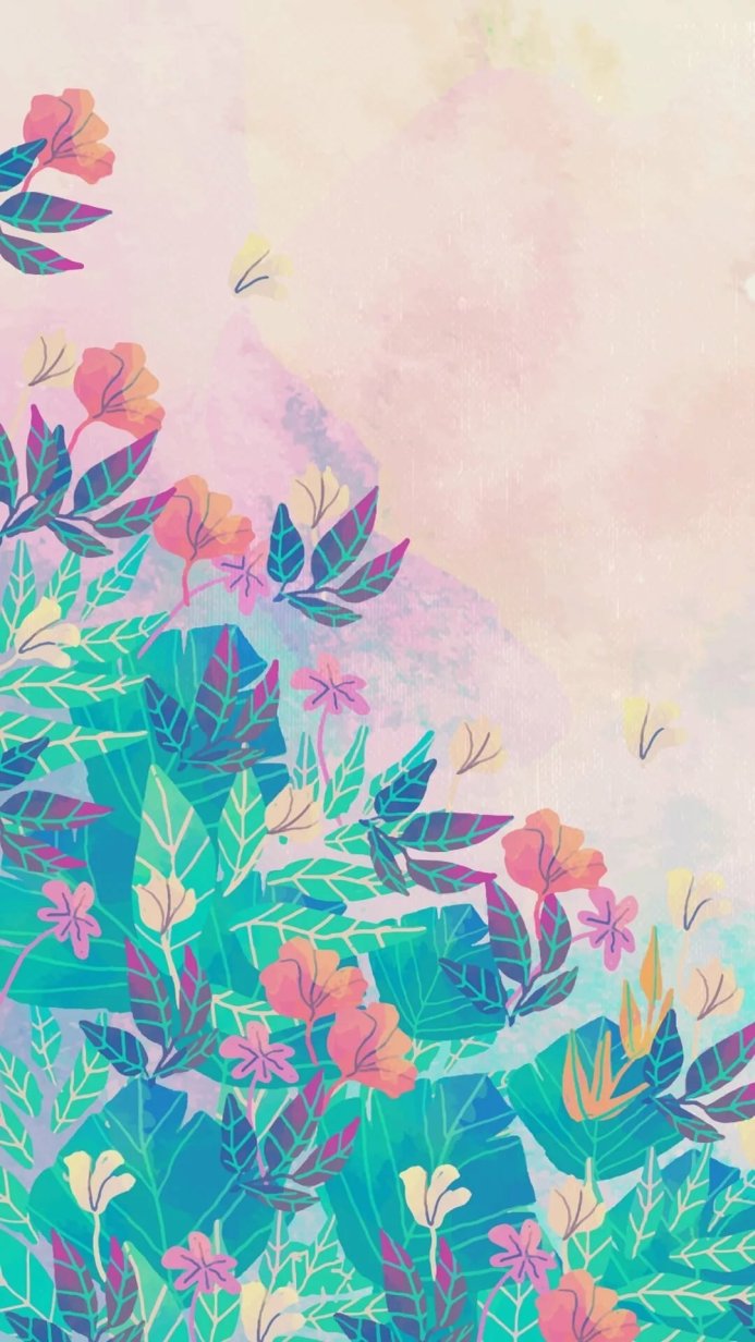 A vibrant watercolor floral pattern with leaves and flowers in shades of blue, green, pink, and orange