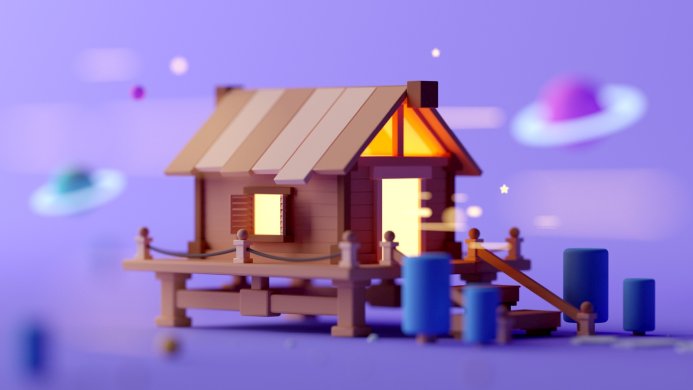A whimsical house on stilts with UFOs and planets in a pastel-colored sky