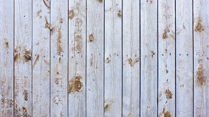 Wooden planks with white paint and brown spots on the surface