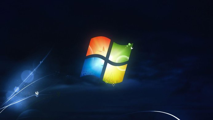The Windows 7 logo on a blue background with white abstract lines