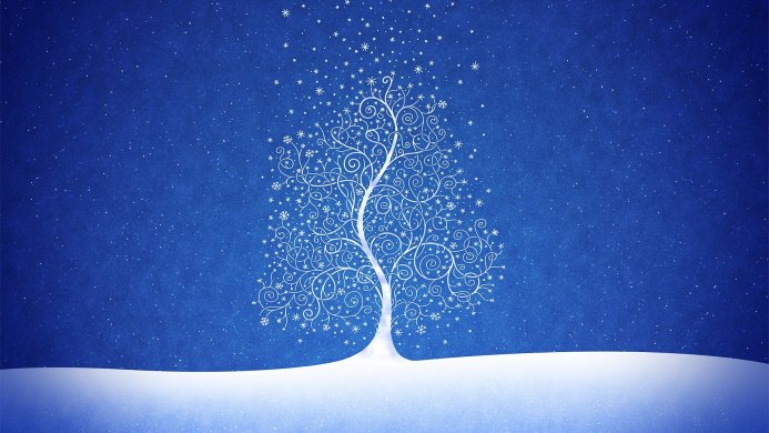 Stylized winter tree illustration against a blue background with snowflakes
