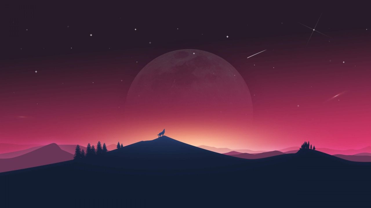 Minimalist landscape howling wolf moon stars