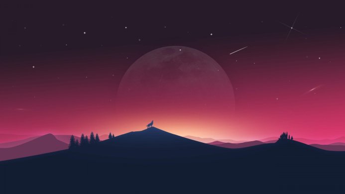 Silhouette of a wolf howling at the moon in a landscape illustration