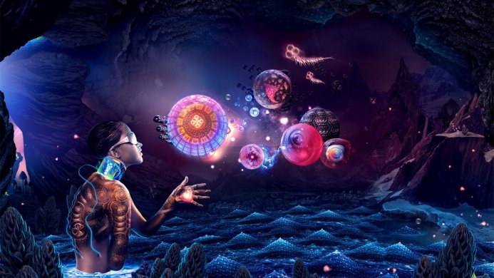 A woman stands in a cavernous landscape, surrounded by glowing orbs of various colors and designs