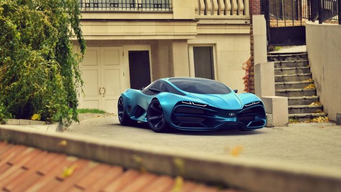 A blue Lada concept car is parked in front of a building on a paved driveway