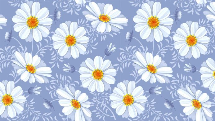 Seamless pattern with white daisies and blue leaves