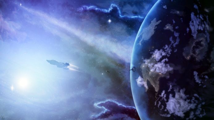 Earth from space with a spaceship flying by and blue nebula in background