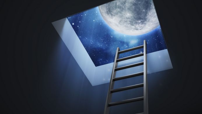 Ladder leading to the moon through a hole in the ceiling, starry sky