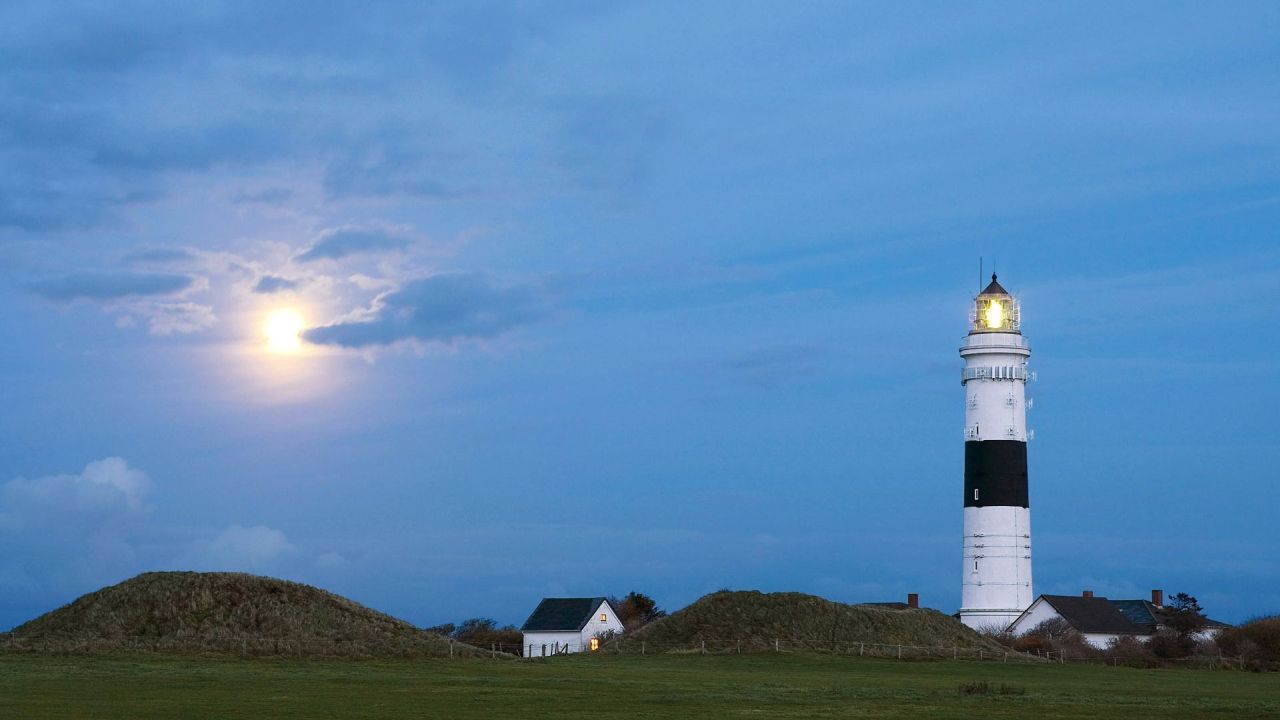Black and white lighthouse at dusk