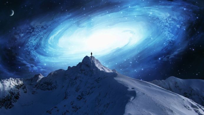 Person on a snowy mountain peak under a swirling blue galaxy at night