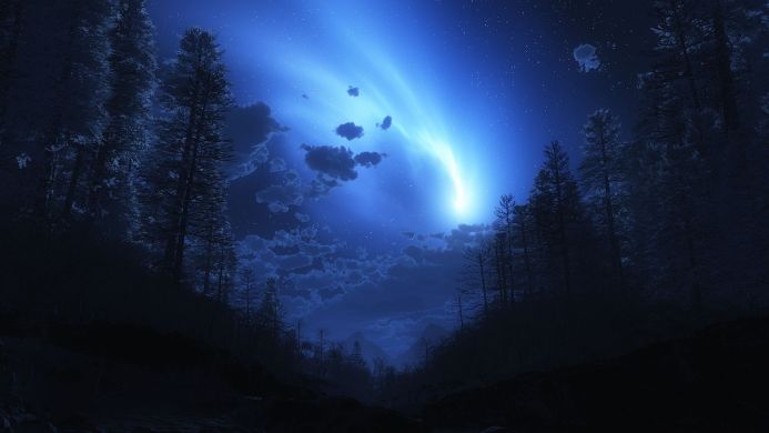 Night sky with a comet over a dark forest, blue tones