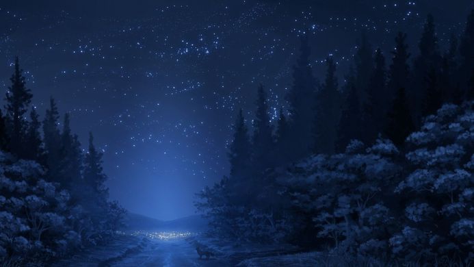 A night landscape with starry sky, forest and road in blue tones